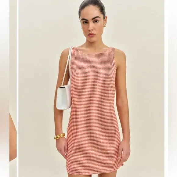 Reformation Rosemond Mini Dress Strawberry Check Cut Out Sz 12 - Picture 3 of 14